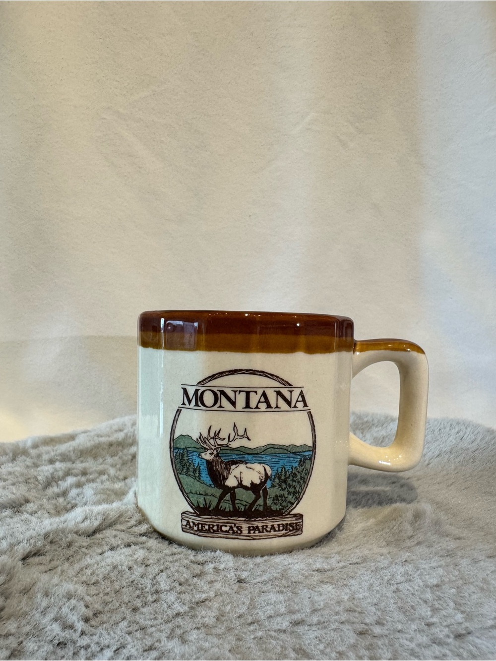 Vintage Montana Elk Ceramic Coffee Mug - Brown and Cream